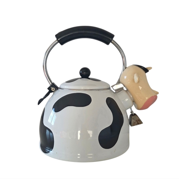 1992 M.K. Kamenstein Whistling 2 Quart Black and White Cow Tea Kettle with Bell - Picture 6 of 12